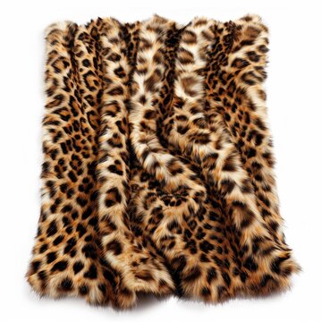 Luxurious and soft leopard print faux fur textile draped on a white background, creating a warm and inviting visual
