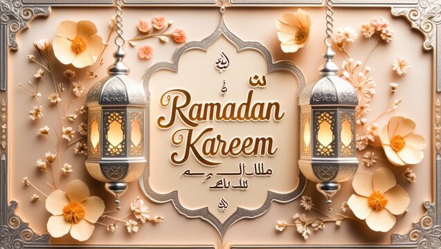 Ramadan Kareem festive greeting background with glowing metal lanterns floral elements and decorative arch frame for Islamic celebration and Eid Mubarak design