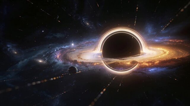 Camera panning black hole warping photon ring disk glowing showing lensing ringed planet lower-left