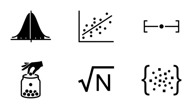 Statistical Icons Set: Normal Distribution, Scatter Plot, Confidence Interval, Sampling, Square Root, Data Clusters