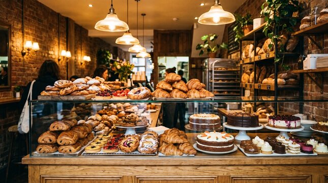 A beautifully arranged pastry display in a bakery setting.