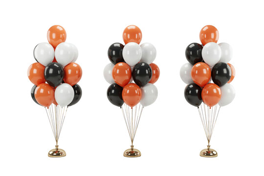 Three bunches of glossy orange, white, and black balloons attached to weighted gold stands for party decoration isolated on a transparent background