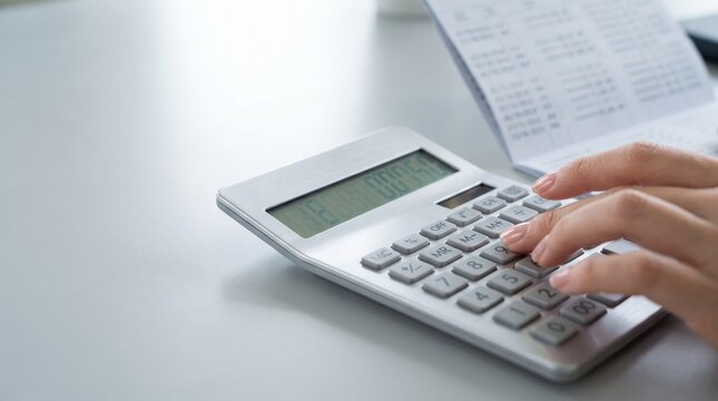 Close up of person using calculator for financial accounting and business analysis
