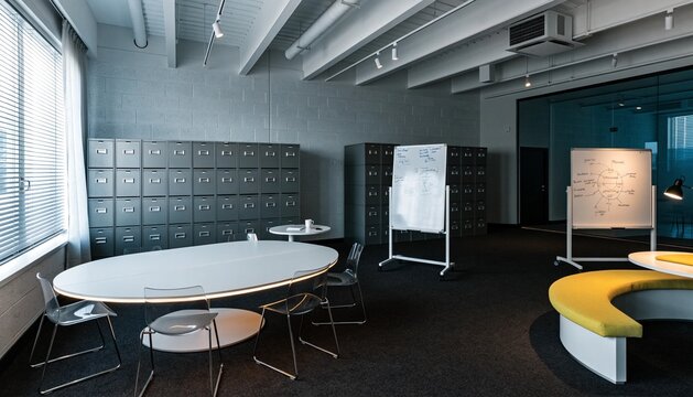 A wide shot of an empty corporate storage room, once packed with filing cabinets, now repurposed as a modern collaboration and brainstorming pod.  