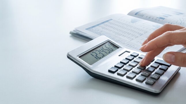Hand on a calculator entering numbers with financial documents in background