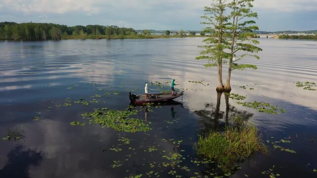 Cinematic drone view of two fishermen casting from a bass boat beside a solitary cypress tree on the calm waters of Lake Minneola in Clermont, Florida.