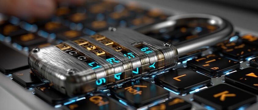 A metal combination padlock rests on a backlit computer keyboard with blue and orange lighting, symbolizing cybersecurity against.