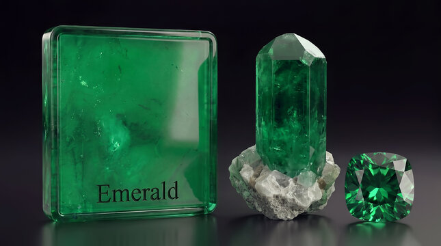 A square green tile labeled Emerald stands beside a raw green crystal on a matrix and a cushion-cut faceted emerald gemstone on a dark reflective background.