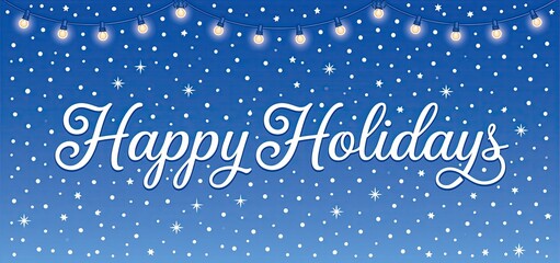 Naklejka premium Festive holiday banner with elegant calligraphy and glowing lights on a deep blue background.