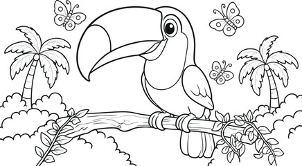 Naklejka premium Cute toucan bird sitting on a tree branch in the jungle, surrounded by palm trees and butterflies, coloring page for kids