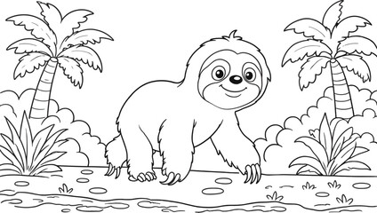 Naklejka premium Cute cartoon sloth walking in the jungle, coloring page for kids