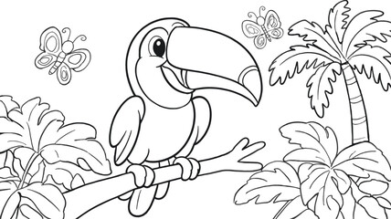 Naklejka premium Cute cartoon toucan bird on a branch with butterflies, coloring page for kids