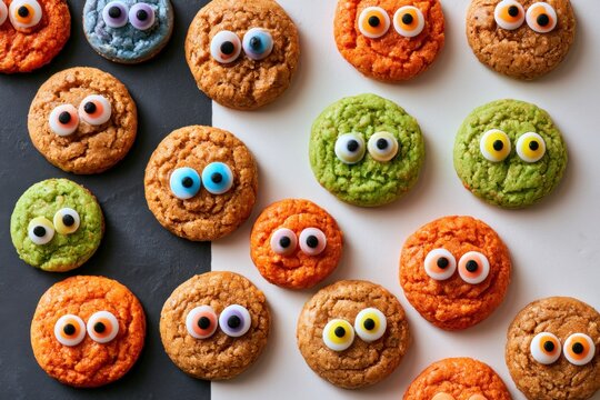 Orange, green and brown cookies with colorful candy eyes are scattered across a white and dark surface, creating a playful collection of round Halloween monster faces in varied colors