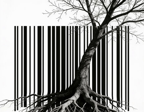 Pop art illustration of a leafless tree fused with a barcode trunk, blending organic lines and bold graphic contrast into a modern, symbolic visual statement.