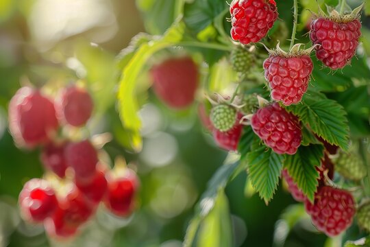 Close up of ripe red raspberries growing on a bush, illuminated by summer sunlight, ready for harvest