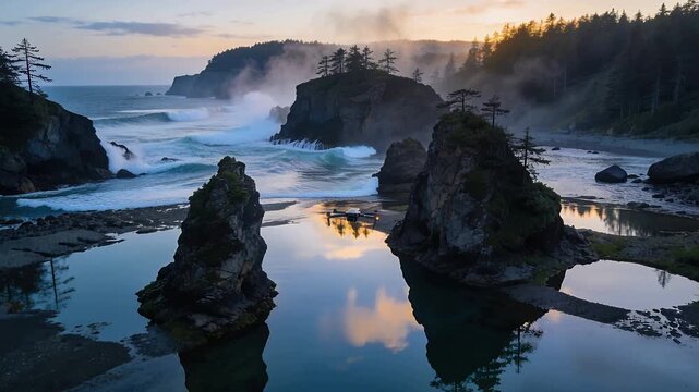 Hovering drone lowering between stacks over tidal pool as waves break, capturing sunset reflection