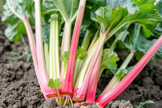 Rhubarb stalks growing from the ground in a garden, ready for harvest