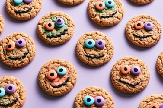 Round baked cookies decorated with green, purple, orange and blue icing are topped with colorful candy eyes and playful faces, arranged across a pale baking surface in a festive pattern