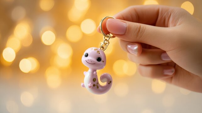 Cute pink axolotl keychain held by woman's hand with bokeh lights. Charming pink axolotl charm gold spots hangs from keychain held by manicured hand, set against soft background of golden bokeh lights