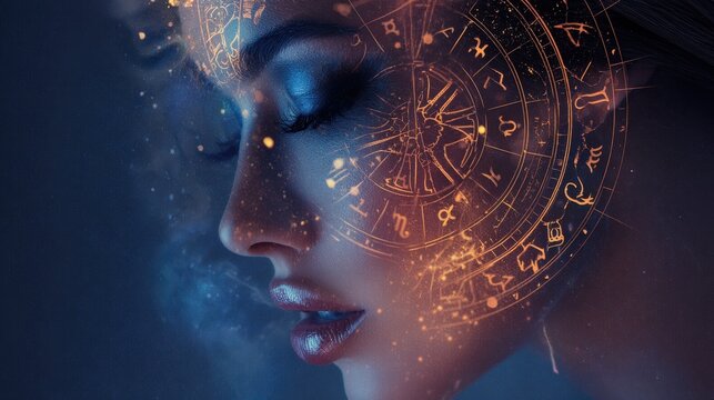 Woman's face overlaid with glowing astrological zodiac wheel and cosmic dust. Woman's profile is illuminated by mystical golden zodiac wheel and sparkling cosmic particles, suggesting destiny universe