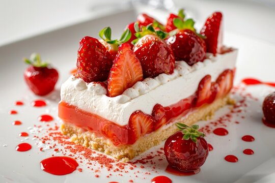 Slice of strawberry cake with whipped cream and fresh strawberries, sitting on a white plate decorated with strawberry coulis