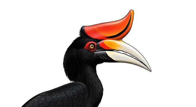 Rhinoceros Hornbill with bright casque against a clean white background in studio lighting