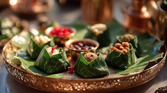 Delicious traditional Indian sweets and snacks served on a decorative platter. An exquisite arrangement of colorful Indian sweets and snacks displayed elegantly on platter, inviting delectable tastes