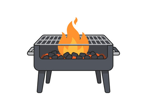 Flat vector illustration of a barbecue grill with burning charcoal and flames