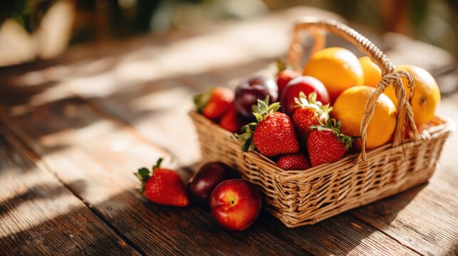 Fresh summer fruits in a woven basket on a rustic wooden table bathed in sunlight. A delightful assortment of ripe strawberries, nectarines, plums, and oranges are presented in charming wicker basket