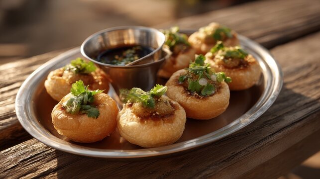 Delicious platter of authentic street food with spicy water balls. Experience the vibrant flavors of traditional street food featuring crispy water balls served with tangy sauce and herbs