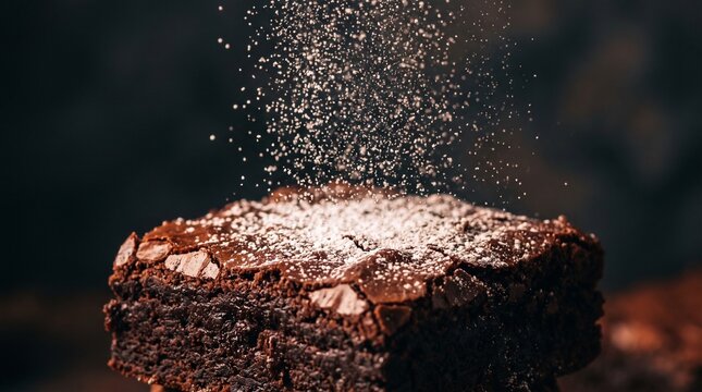 Delicious chocolate brownie dusted with powdered sugar close up