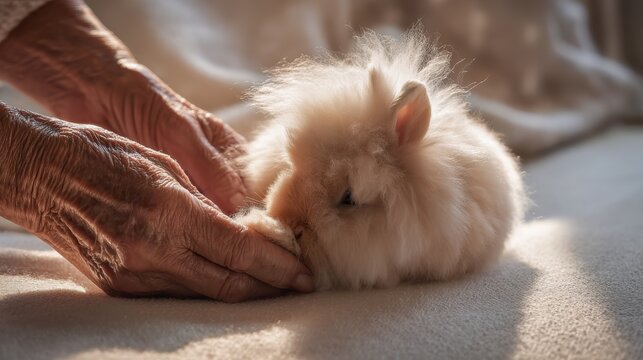 Gentle hands caress a fluffy lionhead rabbit in soft, warm sunlight. An elderly person's wrinkled hands tenderly stroke a small, adorable lionhead bunny, highlighting a moment of connection and care