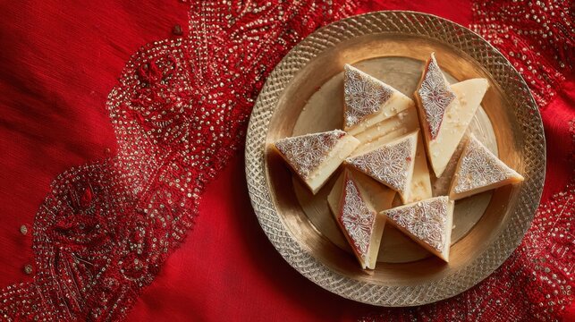 Traditional Indian Kaju Katli sweets served on a decorative brass plate with red silk fabric. Overhead view of triangular Kaju Katli, a popular Indian sweet, arranged on a golden plate