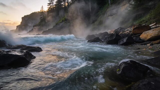 Breaking incoming wave pushing foam into tidal pool by boulders at rocky cove, creating mist