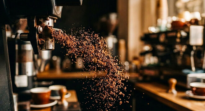 Coffee Grind Flying from Machine, Barista Cafe Background
