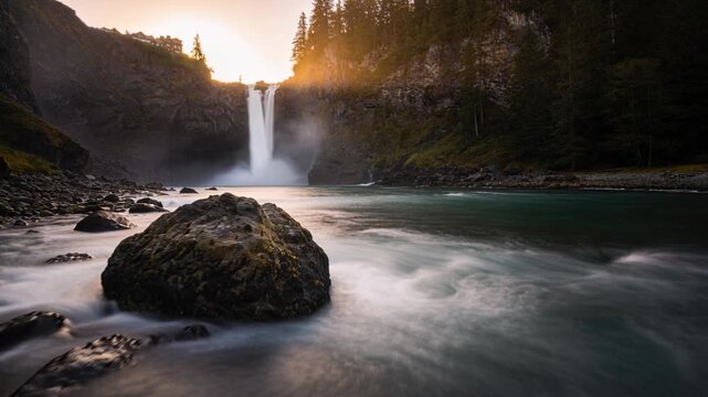 Backlighting sunbeam lighting mist, tall waterfall and river flowing around mossy boulder at canyon