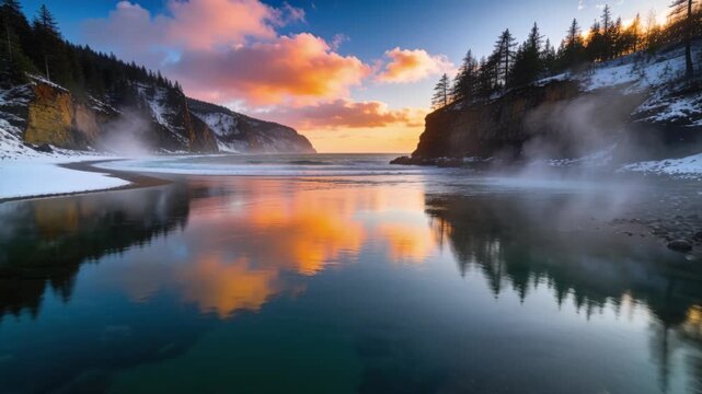 Moving camera forward revealing circular plunge pools on coastal cliffs at sunset, mirroring clouds