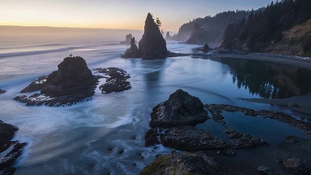 Gliding drone revealing centered sea stack and tidal channels at dusk, framing sunset horizon