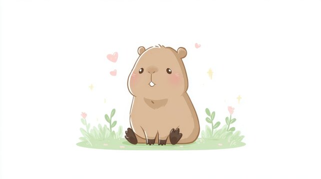 Cute cartoon capybara sitting in a field of grass with flowers and hearts. An adorable, friendly capybara illustration with soft, pastel color palette, perfect for children's themes and animal lovers