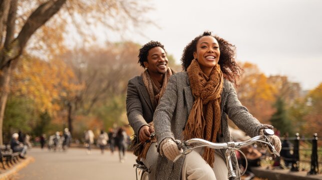 Couple enjoys tandem bicycle ride through park during autumn colorful foliage. Joyful Black couple shares bicycle ride on sunny autumn day, surrounded by vibrant colors of fall leaves in park setting