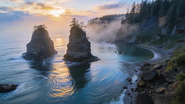Lowering sun casting golden light on two sea stacks and cove, ripples expanding, mist drifting
