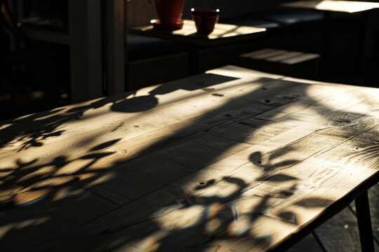 Sunlight is creating shadows of plants on a wooden table in a cozy cafe