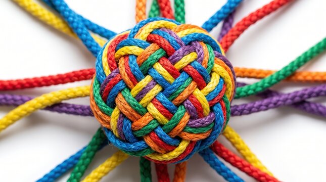 A colorful woven monkey fist knot made from multiple strands of rope with spherical knot