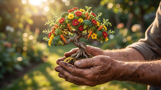 A weathered gardener holding a small tree made of vegetables with crafted broccoli stalks
