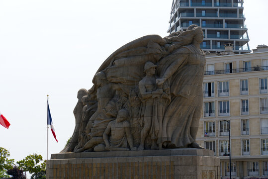 Close-up of world war I memorial named Monuments aux Morts at Charles de Gaulle town square on a summer day. Photo taken July 14th, 2026, Le Havre, Normandie, France.