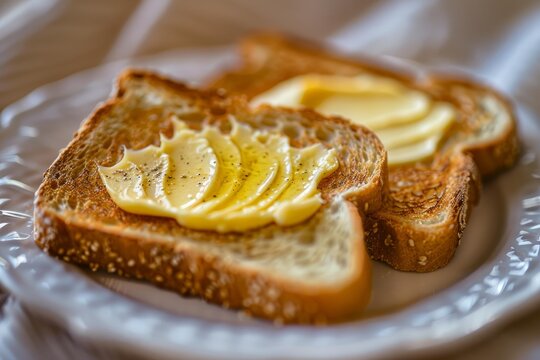 Two slices of toasted bread with melted butter seasoned with black pepper, served on a white plate, make a simple and delicious breakfast