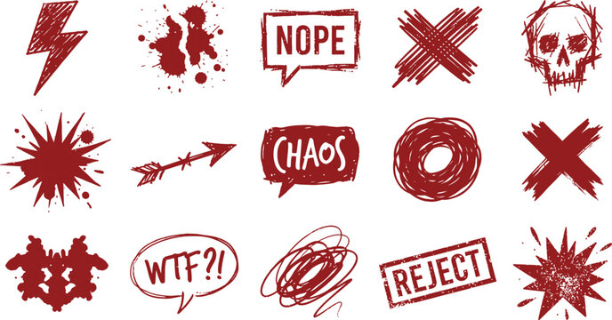 Red grunge stamps and chaos symbols set with cross skull and warning vector illustration graphic design