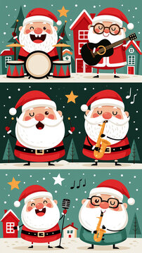 Cute funny cartoon Santa Claus playing musical instruments, winter town, flat design illustration