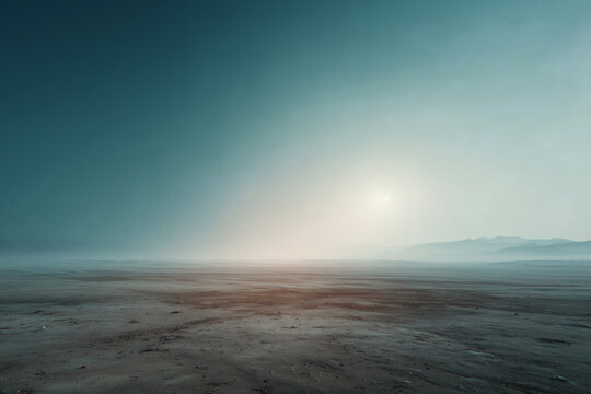 Empty Minimal Desert Landscape with Hazy Sun on Horizon
