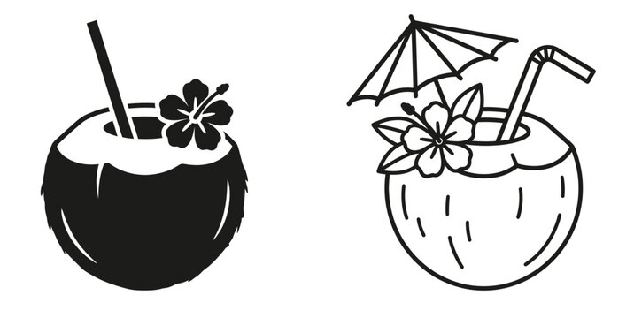 Tropical coconut cocktail icons, exotic summer drink vector set, black and white beach beverage illustrations with hibiscus and umbrella